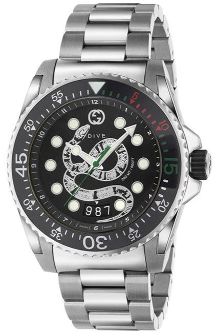 Gucci Dive Snake Black Dial Silver Steel Strap Watch For Men - YA13621