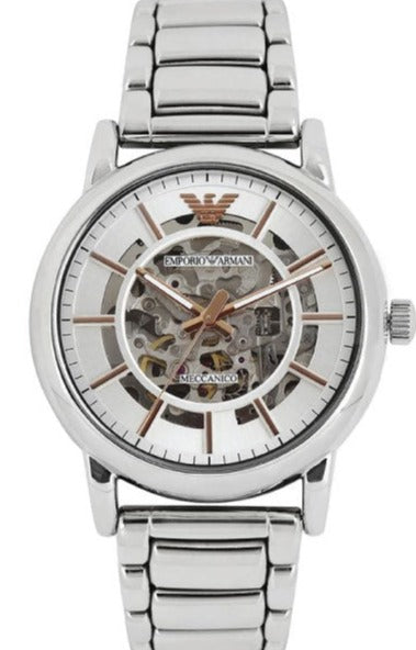 Emporio Armani Meccanico Skeleton Silver Dial Silver Steel Strap Watch