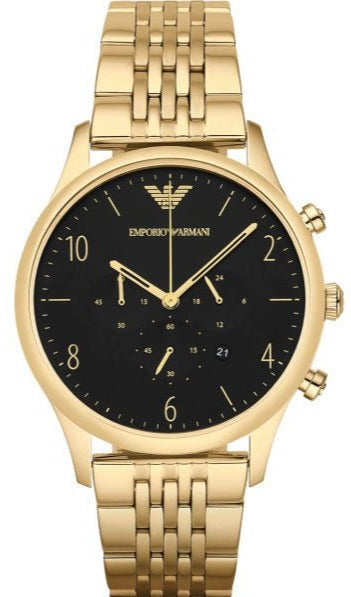 Emporio Armani Classic Chronograph Black Dial Gold Steel Strap Watch F