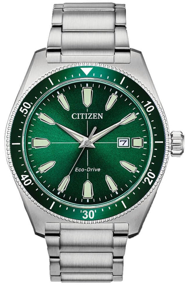 Citizen Eco Drive Vintage Green Dial Silver Steel Strap Watch For Men