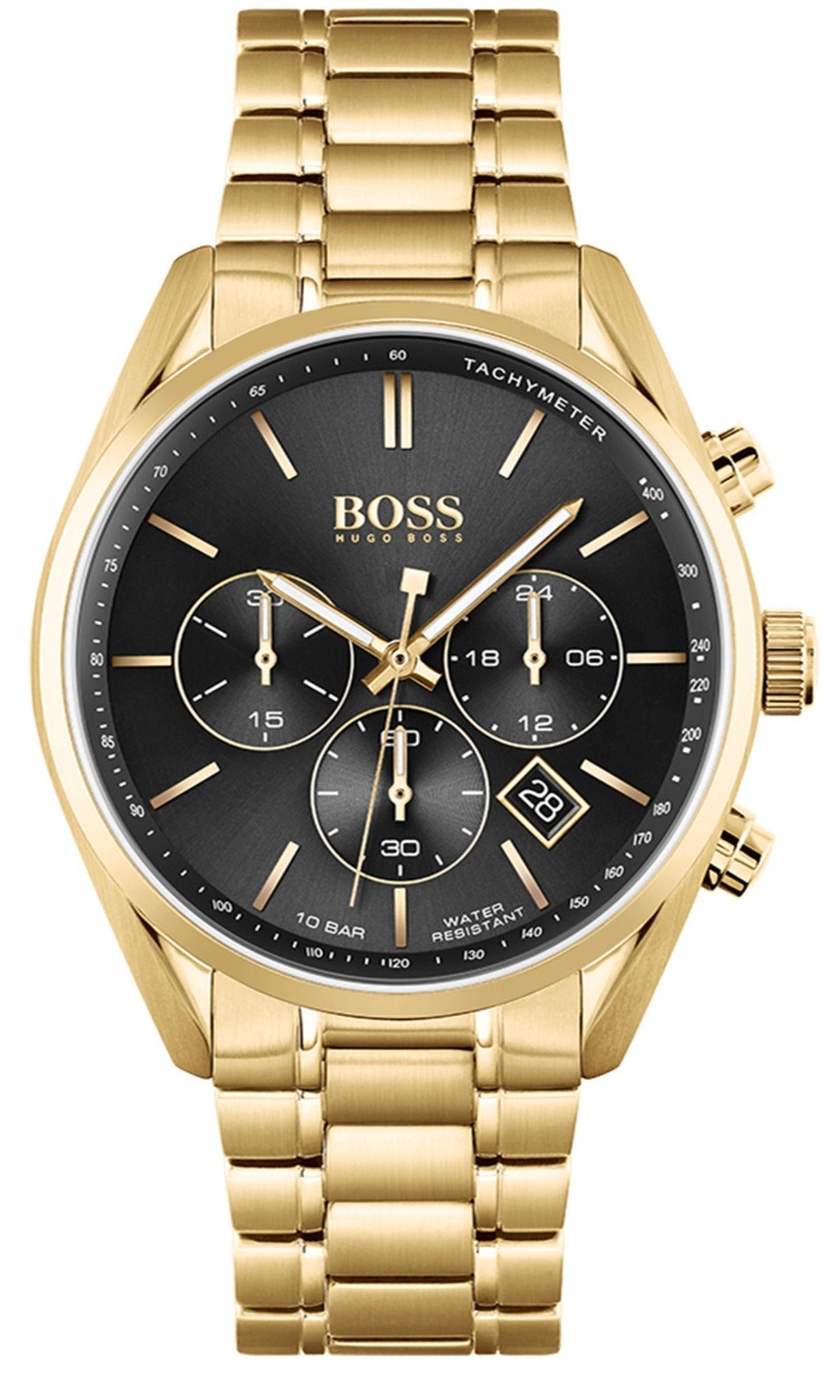 Hugo Boss Champion Chronograph Black Dial Gold Steel Strap Watch for M