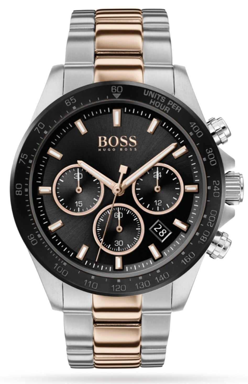 Hugo Boss Here Chronograph Black Dial Two Tone Steel Strap Watch for M