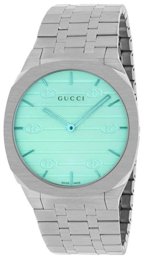 Gucci 25H Quartz Turquoise Dial Silver Steel Strap Watch For Women - Y
