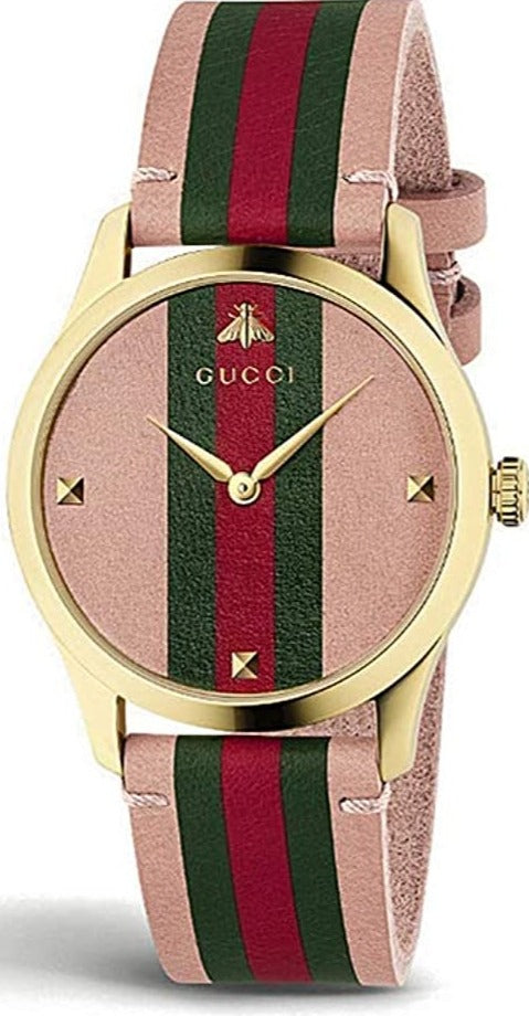 Gucci G Timeless Quartz Pink Dial Three Tone Leather Strap Watch For W