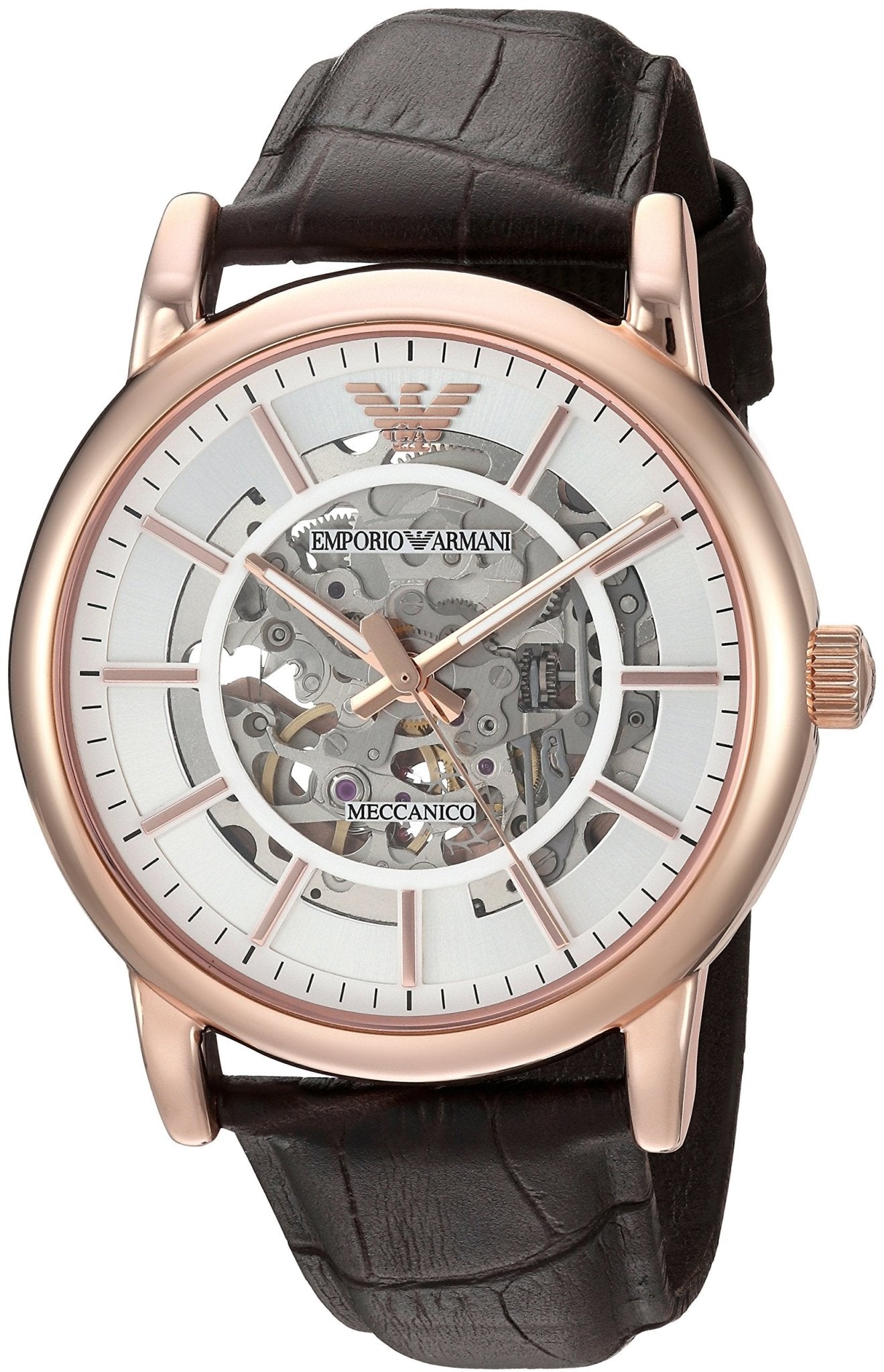 Emporio Armani Meccanico Silver Skeleton Dial Brown Leather Strap Watc