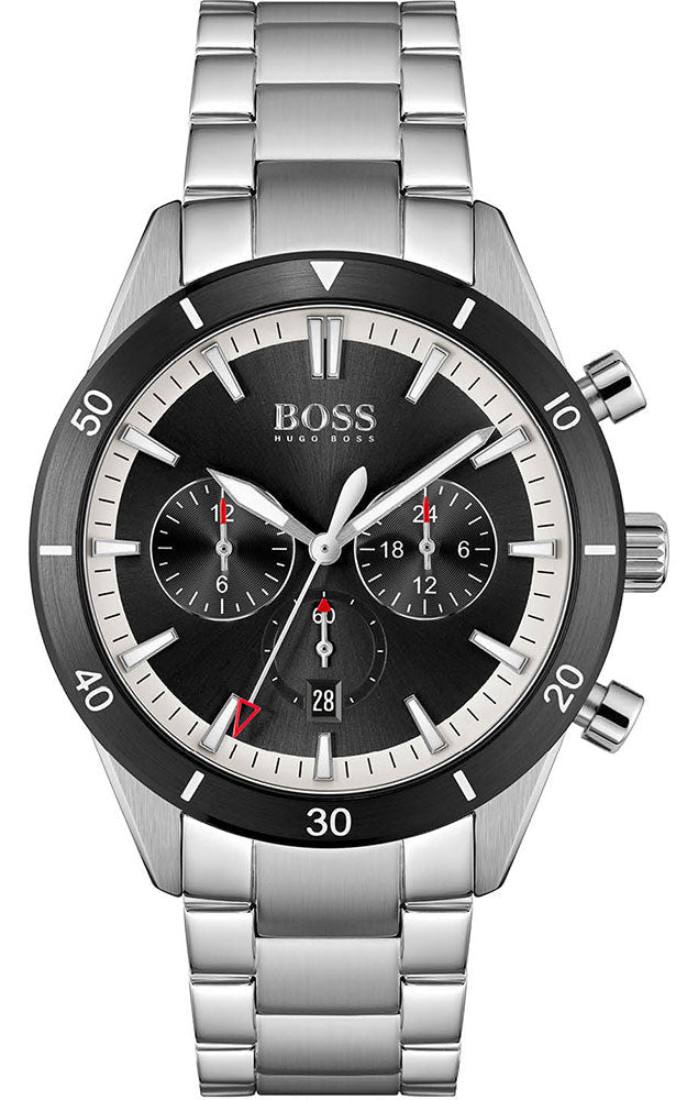 santiago Hugo Boss Santiago Chronograph Black Dial Silver Steel Strap Watch for