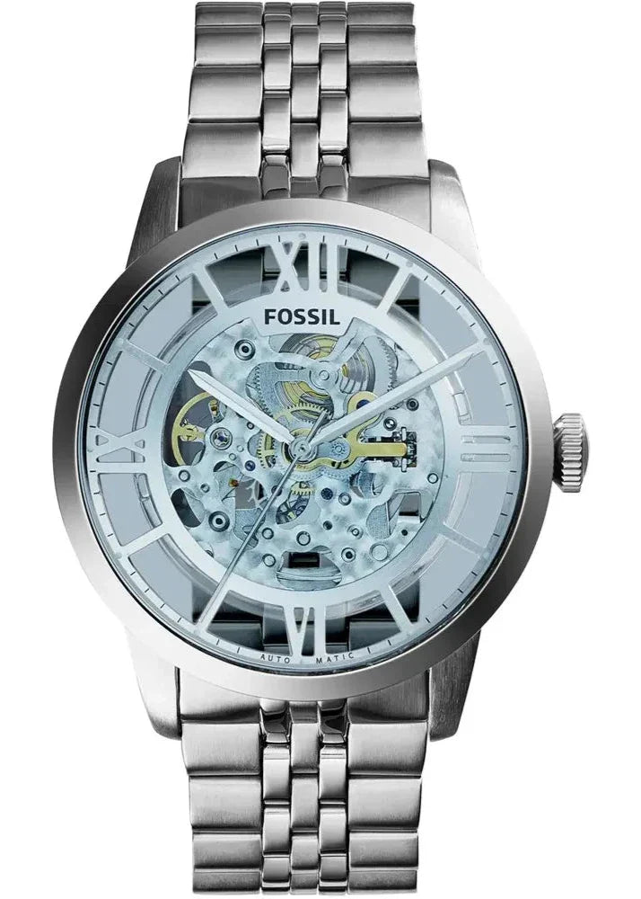 Fossil Townsman Automatic Skeleton Blue Dial Silver Steel Strap Watch