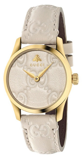 GUCCI文字盤白蝶貝 ダイヤモンド装飾 レザーベルト時計 Gucci G Timeless Quartz White Dial White Leather Strap Watch For Women