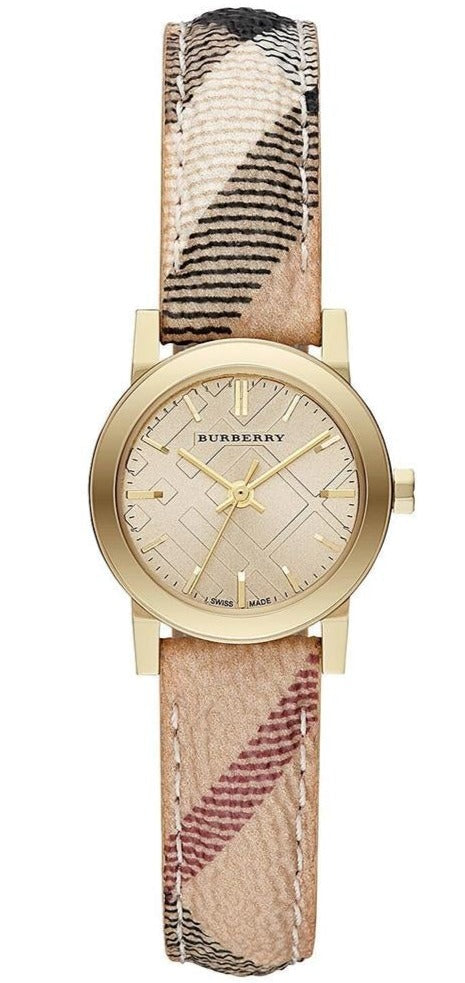 Burberry The City Gold Dial Haymarket Brown Leather Strap Watch for Wo
