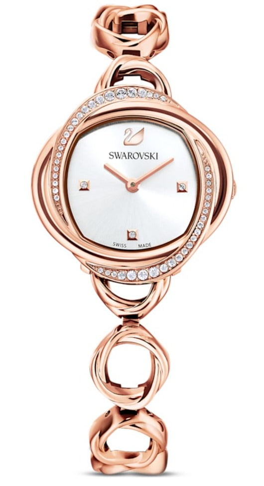 Swarovski Crystal Flower Silver Dial Rose Gold Steel Strap Watch for W