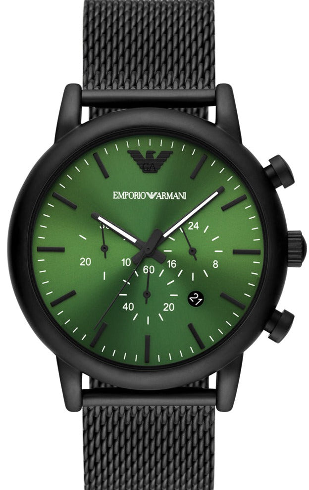 Emporio Armani Luigi Chronograph Green Dial Black Mesh Bracelet Watch
