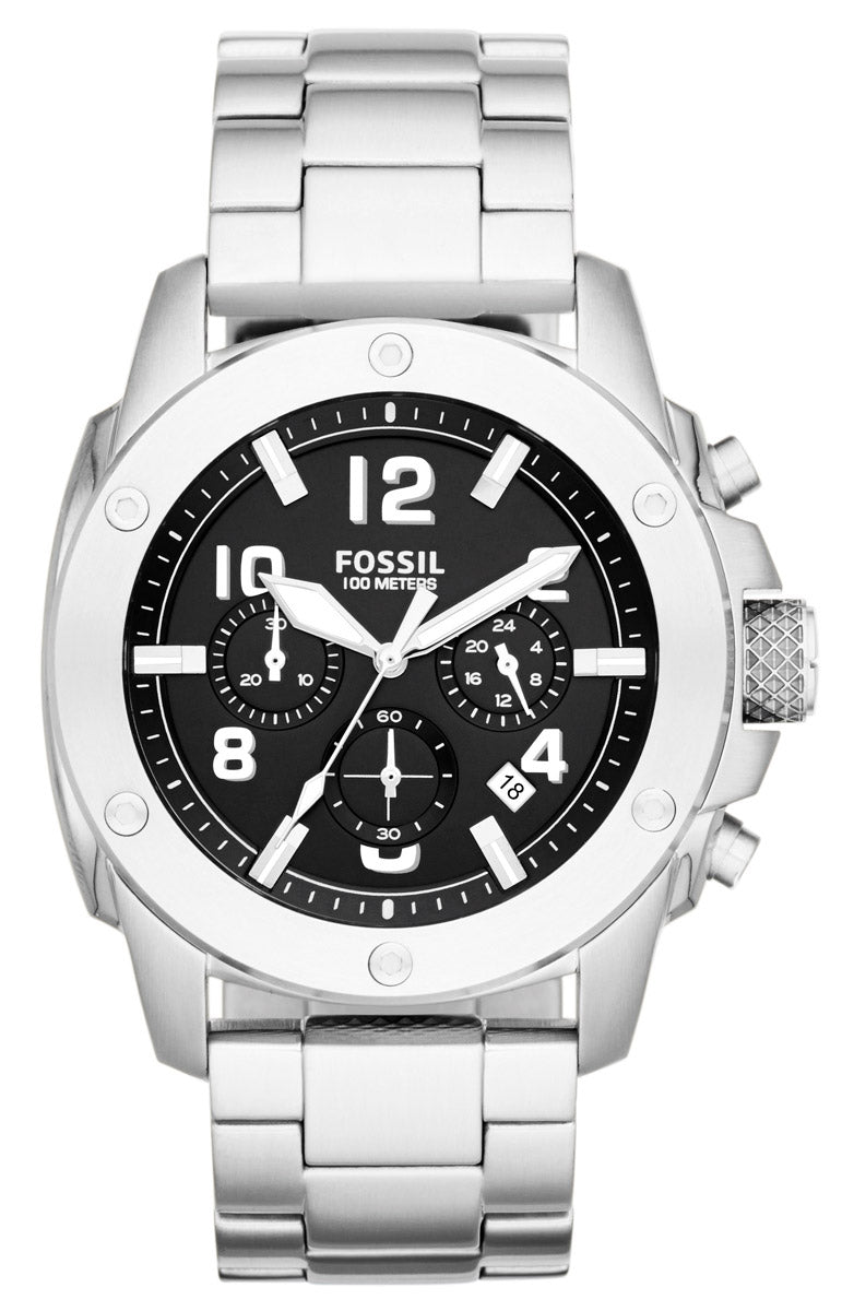 Fossil Modern Machine Black Dial Silver Steel Strap Watch for Men - FS