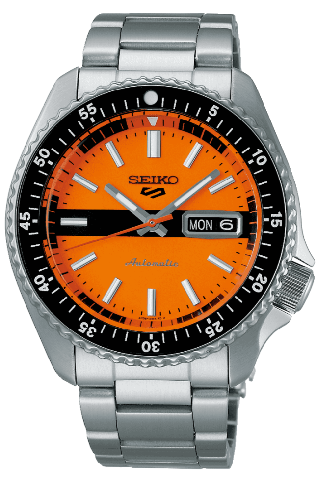 Seiko 5 Sports Double Hurricane Retro Orange Dial Silver Steel Strap W