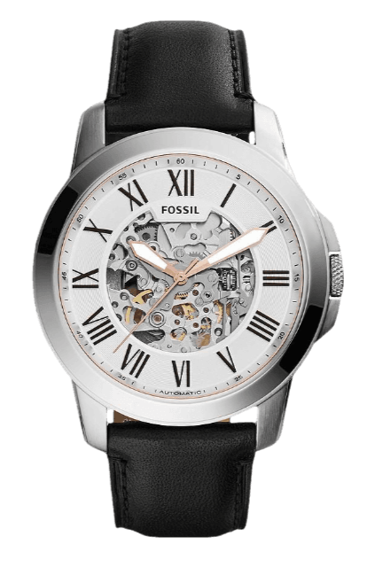 Fossil Grant Automatic Skeleton White Dial Black Leather Strap Watch f