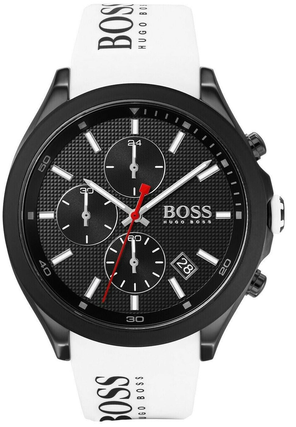 稼働／HugoBoss 腕時計 ブラック/ホワイト Hugo Boss Velocity Chronograph Black Dial White Rubber Strap Watch for
