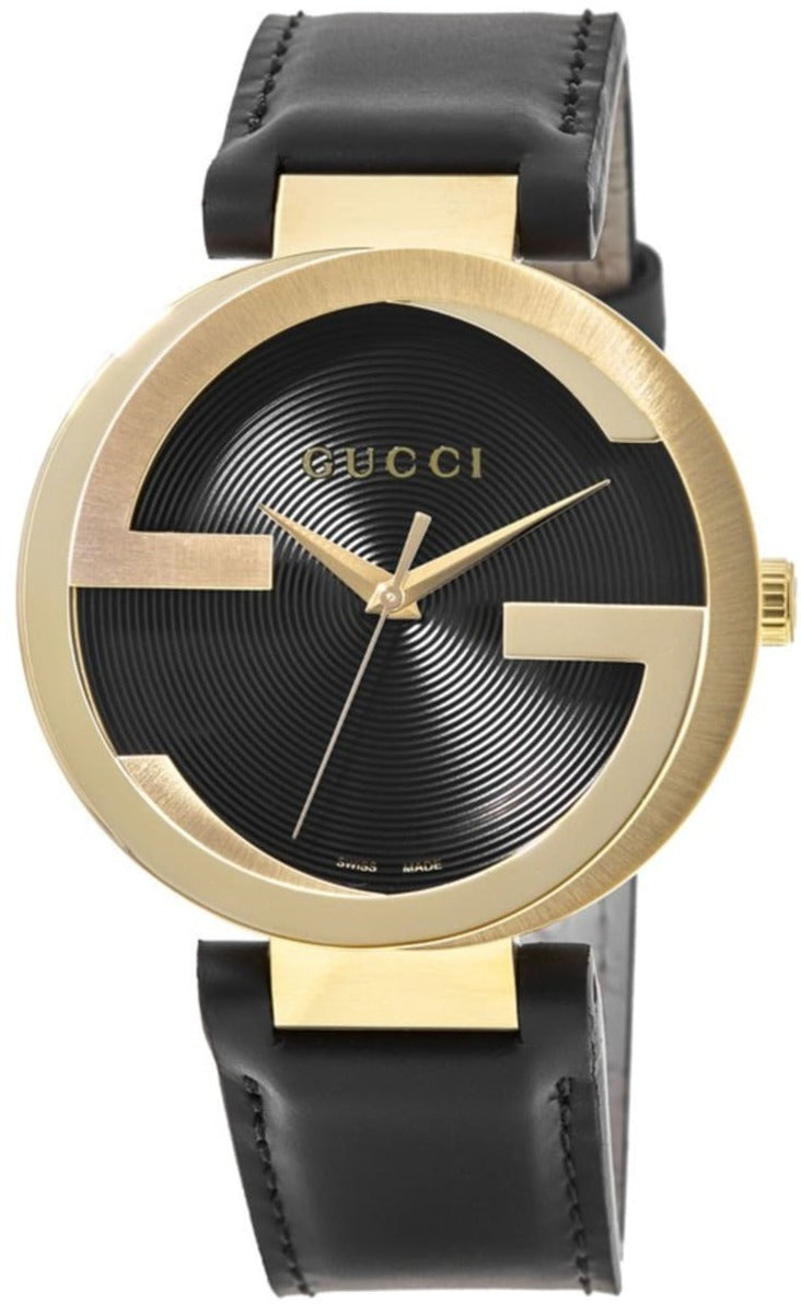 Gucci Interlocking G Gold Black Dial Black Leather Strap Unisex Watch