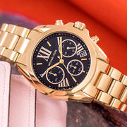Michael Kors Bradshaw Chronograph Black Dial Gold Steel Strap Watch For Women - MK6959