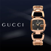 Gucci G Ladies Diamonds Black Dial Rose Gold Steel Strap Watch For Women - YA125512