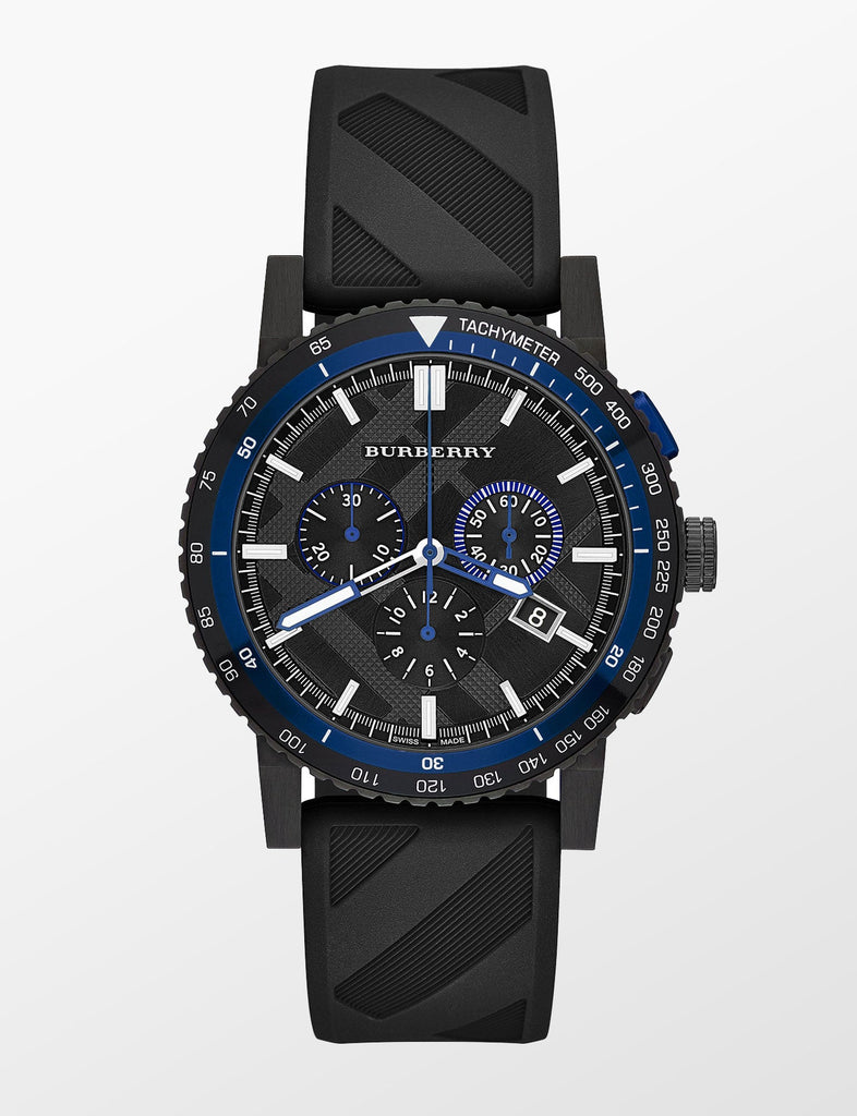 Burberry The City Chronograph Black Dial Black Rubber Strap Watch