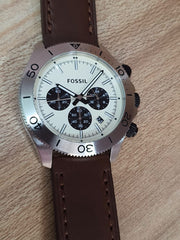 Fossil Retro Traveler Chronograph White Dial Brown Leather Strap Watch for Men - CH2886
