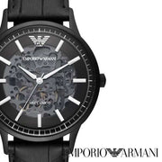 Emporio Armani Meccanico Automatic Skeleton Black Dial Black Leather Strap Watch For Men - AR60042