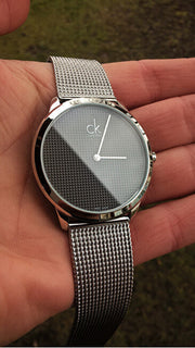 Calvin Klein Minimalist Black Dial Silver Mesh Bracelet Watch for Men - K3M2112X