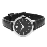 Movado Ultra Slim Black Dial Black Leather Strap Watch For Women - 0607094