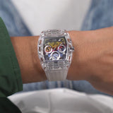 Guess Phoenix Polycarbonate Clear Multi-function Black Dial Clear Rubber Strap Watch for Men - GW0499G3