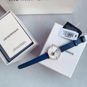 Emporio Armani Meccanico Gianni T-Bar Silver Dial Blue Leather Strap Watch For Women - AR60020