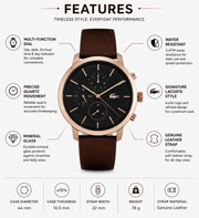Lacoste Replay Chronograph Black Dial Brown Leather Strap Watch for Men - 2011257