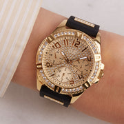 Guess Frontier Diamonds Gold Dial Black Rubber Strap Watch For Women - W1160L1