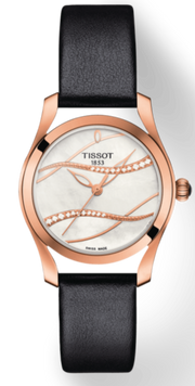 Tissot T Wave Diamond Mother of Pearl Dial Black Leather Strap Watch For Women - T112.210.36.111.00
