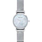 Emporio Armani Gianni T Bar Mother of Pearl Dial Silver Steel Strap Watch For Women - AR1955