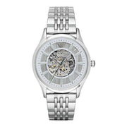 Emporio Armani Meccanico Skeleton Silver Dial Silver Steel Strap Watch For Men - AR1945