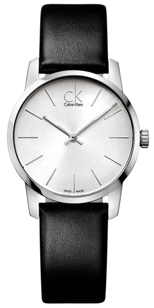Calvin Klein City Silver Dial Black Leather Strap Watch For Women