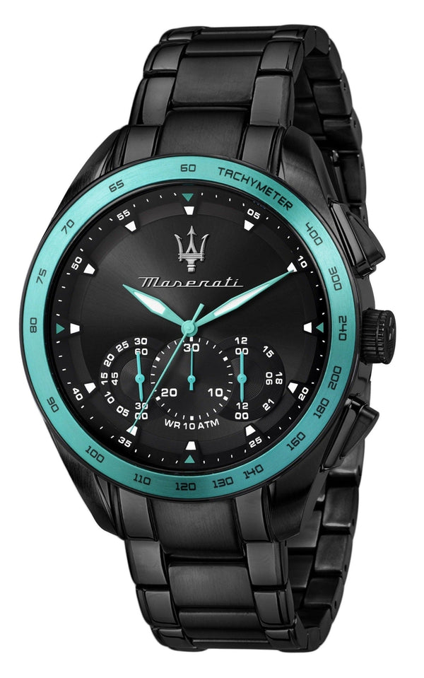 Maserati Traguardo Chronograph Aqua Edition Black Dial Black Steel Strap Watch For Men - R8873644002