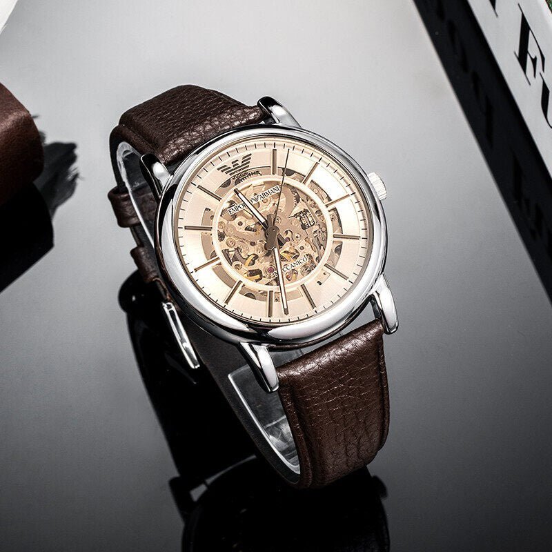 Emporio Armani Luigi Meccanico Brown Dial Brown Leather Strap Watch Fo