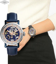 Fossil Boyfriend Skeleton Blue Dial Blue Leather Strap Watch for Women - ME3136