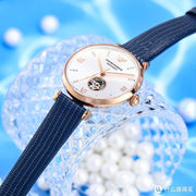 Emporio Armani Meccanico Gianni T-Bar Silver Dial Blue Leather Strap Watch For Women - AR60020