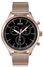 Hugo Boss Companion Chronograph Black Dial Rose Gold Mesh Strap Watch For Men - 1513548