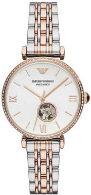 Emporio Armani Meccannico Gianni T-Bar Analog White Dial Two Tone Steel Strap Watch For Women - AR60019