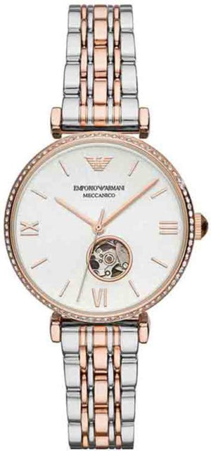 Emporio Armani Meccannico Gianni T-Bar Analog White Dial Two Tone Steel Strap Watch For Women - AR60019