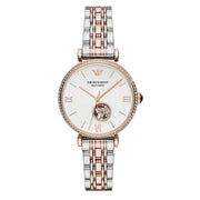 Emporio Armani Meccannico Gianni T-Bar Analog White Dial Two Tone Steel Strap Watch For Women - AR60019