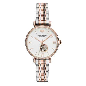 Emporio Armani Meccannico Gianni T-Bar Analog White Dial Two Tone Steel Strap Watch For Women - AR60019