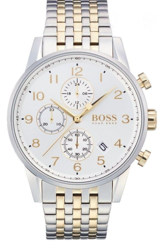 Hugo Boss Navigator Chronograph White Dial Two Tone Steel Strap Watch for Men - 1513499