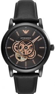 Emporio Armani Luigi Automatic Skeleton Black Dial Black Leather Strap Watch For Men - AR60012