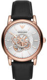 Emporio Armani Luigi Automatic Skeleton Silver Dial Black Leather Strap Watch For Men - AR60013