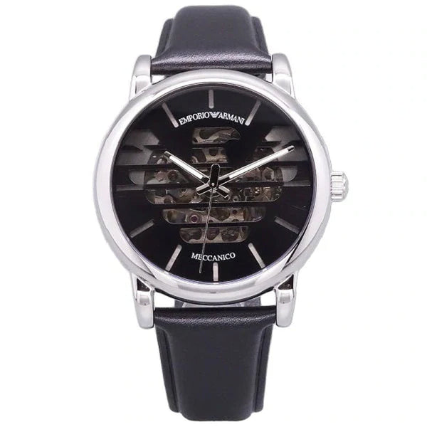 Emporio Armani Meccanico Automatic Skeleton Black Dial Black Leather Strap Watch For Men - AR60040