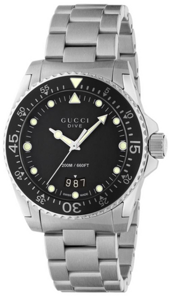 Gucci Dive Quartz Black Dial Silver Steel Strap Watch For Men