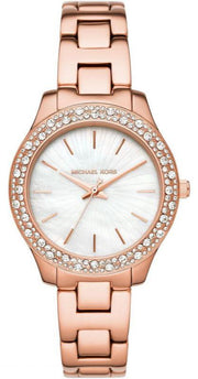 Michael Kors Lilane Three Hand Mother of Pearl White Dial Rose Gold Steel Strap Watch For Women - MK4557